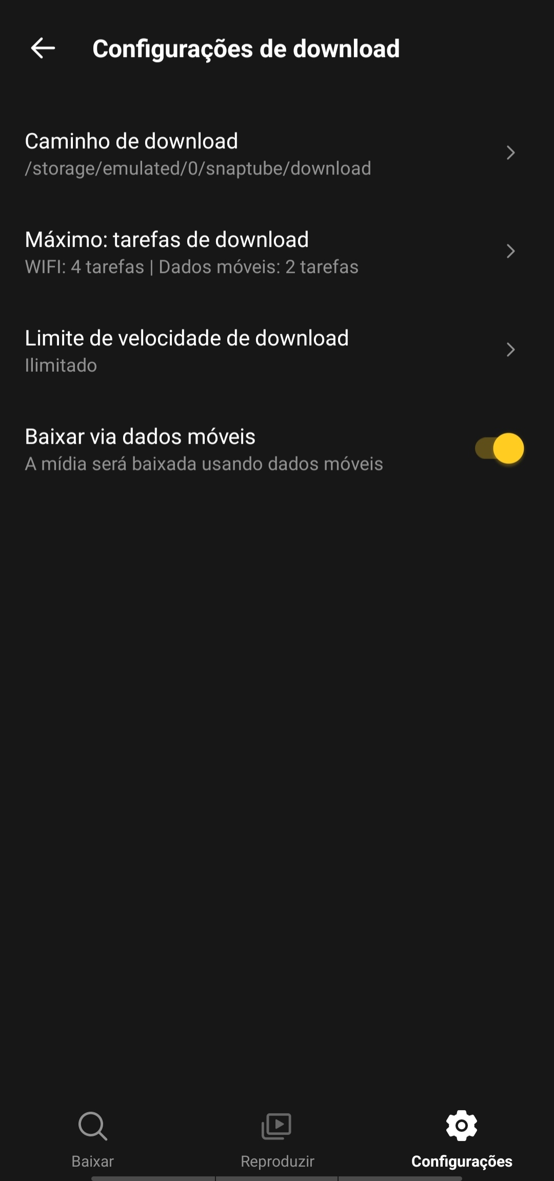 Configurações de download do Snaptube