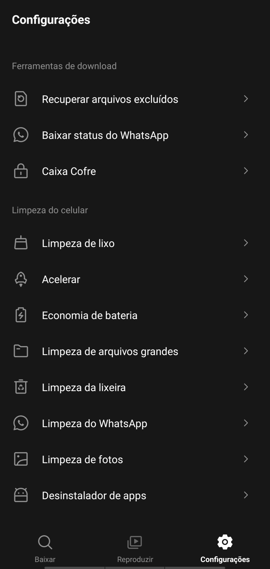 Configurações e permissões do Snaptube