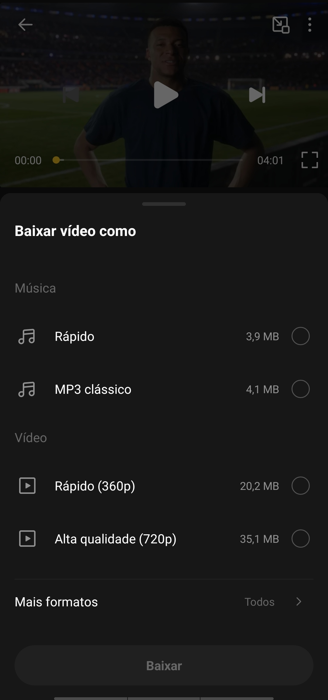 Escolha do formato MP3 no Snaptube