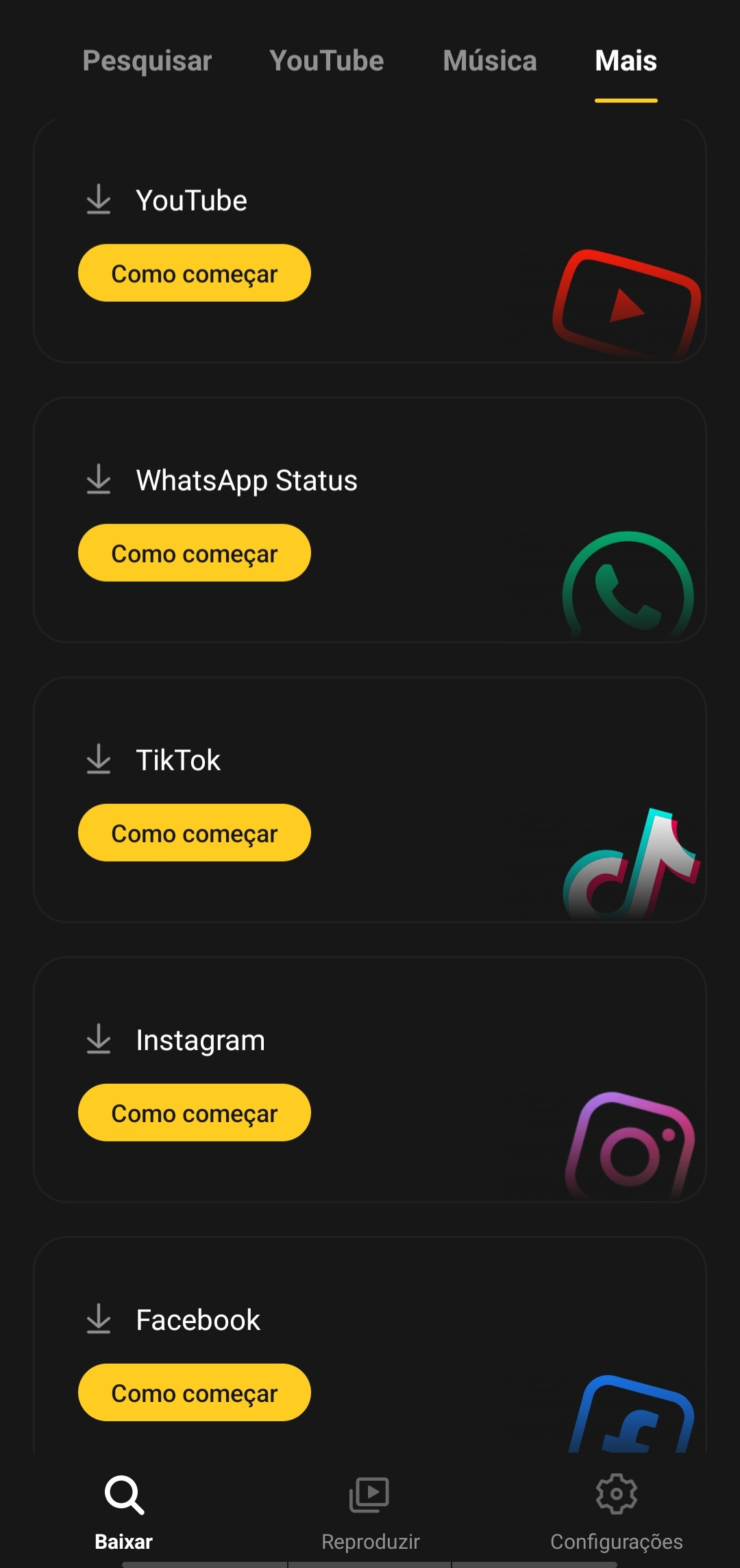 Plataformas disponíveis no Snaptube