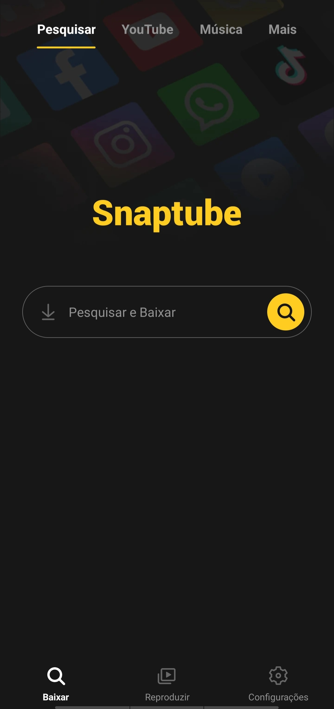 Tela inicial do Snaptube amarelo